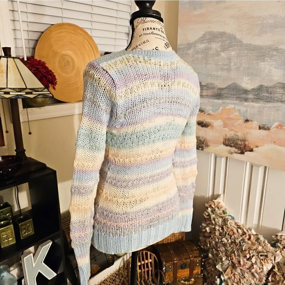 Vtg 70's Licrorice Pastel Striped Knitted Acrylic  Stylish Cozy Sweater. S fit